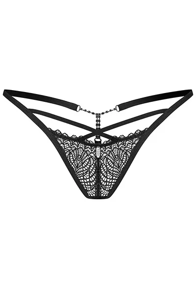 The elegant black string, Iliosa from Obsessive, is made of soft, eye-catching lace. There are additional stylish straps at the front and a small decorative element too. There is also a delicate jewel chain over the buttocks. Composition 90% polyamide, 10% spandex.