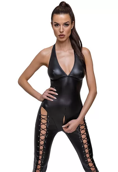 Stylish Jumpsuit in a shiny matte look that fits like a second skin ! Sexy stretchy jumpsuit made of black matte look material. The jumpsuit clings to the body and has long, tight-fitting legs. There is lacing at the front and the back of the legs that also goes down the entire leg. With a practical and erotic 2-way zip over the crotch. Backless halterneck...