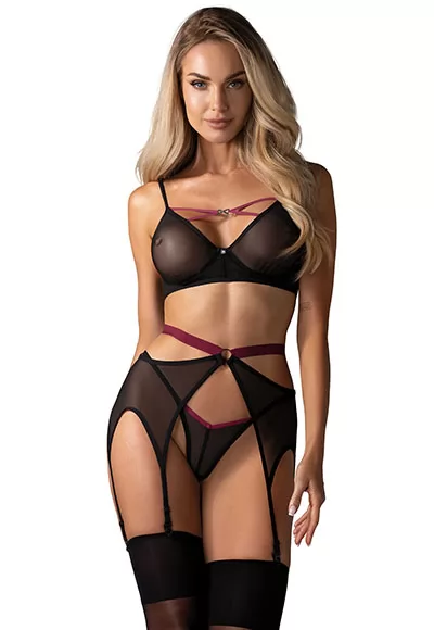 Treat yourself to elegance with this Novenes black sheer mesh 3-piece lingerie set including a garter belt, bra and sheer thong. Flattering and modern, this lingerie is sure to capture attention.  Lingerie set including a suspender belt with 4 adjustable stocking clips, a bra with underwired cups, three-position back closure, shiny jewel with black...