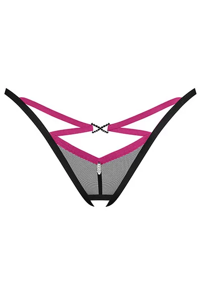 The Novenes open thong is distinguished by purple straps contrasting with the soft and transparent black fabric, a shiny jewel with black zircons catches the eye, the crotch is open.  Its bold open cut promises to spice up your intimate evenings with an irresistible allure. Composition of the Novenes Open Thong: 94% polyamide, 6% elastane. Designed...
