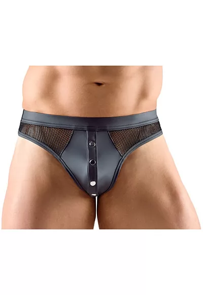 This sexy men's thong is designed in a mix of elegant materials and has a naughty opening on the front! The stretchy waistband of the thong is covered in matte black fabric, underneath a mesh allows you to see the skin.  On the front of the sexy thong, press studs allow you to open it.  Not only is this men's thong extremely sexy but it is also very...