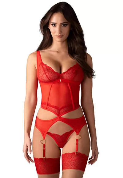 Sensual red material for hot fantasies! The Cupide Desir set from Obsessive contains a basque and thong made out of sensual red material with gold-coloured details. The set is in a seductive, transparent delicate lace look.  The set is soft and stretchy for a very comfortable fit. With a discreet decorative detail between the wireless cups. The straps...