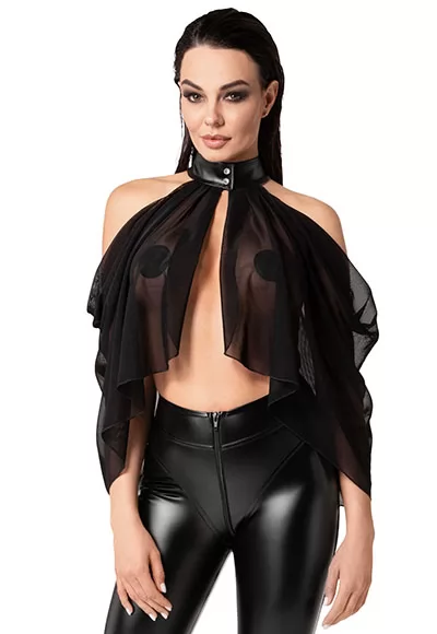 This sheer top exudes a bold elegance, designed for those who appreciate a mix of allure and sophistication. Made from a soft and elastic knit, this bolero top offers a fluid and versatile look, allowing it to be styled in different ways, it can be worn on the forearms or in a second way under the forearms.  The fabric drapes delicately over the body,...