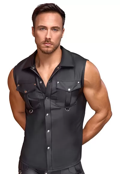 This sleeveless, figure-fitting shirt gives you a flattering bad boy style with its sexy, matte-look material.  Comfortable, this shirt has snap buttons all over the front where you can also find two decorative fake chest pockets that are equipped with D-rings.  The men's fetish shirt is made of a trendy matte black material. Slightly stretchy for a...