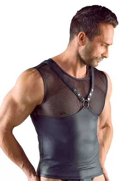 This sleeveless top is stylish with its chest harness decorated with studs and rings.  This tight-fitting T-shirt highlights your body shape. This sexy top for men is made of a mix of stretchy black materials that are very comfortable to wear : an elegant matte material and a wide mesh.  Composition: 90% polyester, 10% elastane, polyurethane coating....