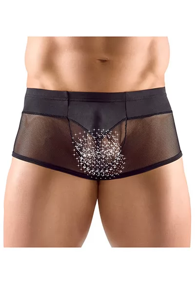 Very sexy transparent boxer shorts for men designed in a mix of bold materials! These black boxers have a very original style but remain very comfortable to wear thanks to their stretchy materials. There is soft opaque microfiber around the upper part of the boxer shorts and soft transparent micro mesh on the lower part. Composition of the sexy boxer...