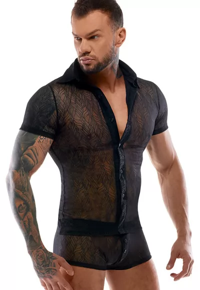 This transparent shirt for men will make you irresistible! With its small sleeves, elegant transparency and elasticity, this shirt will highlight your body and your personality.  This sexy shirt for men has short sleeves, a classic collar, a buttoning along the entire length of the front. It is designed in a fine soft stretch lace. Composition of the...