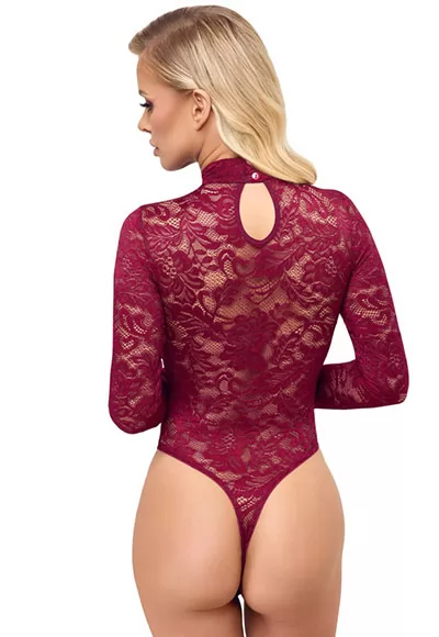 Red lace bodysuit high collar