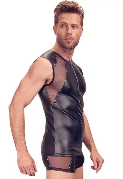 Mens Tank Top zip wetlook sheer inserts