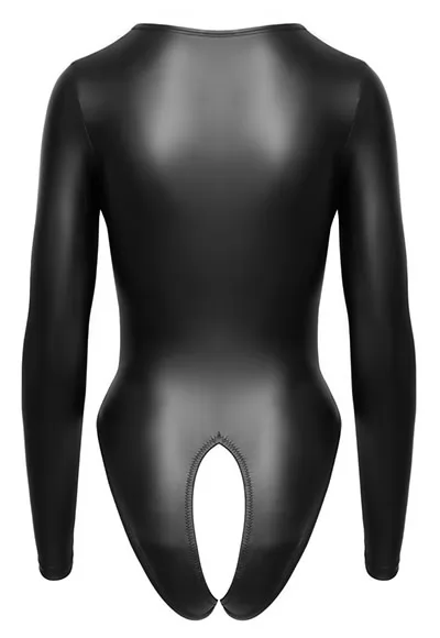 Open bodysuit long sleeves faux leather