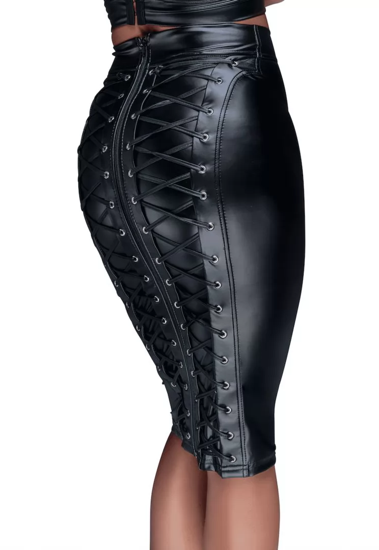 Wetlook pencil lace up skirt