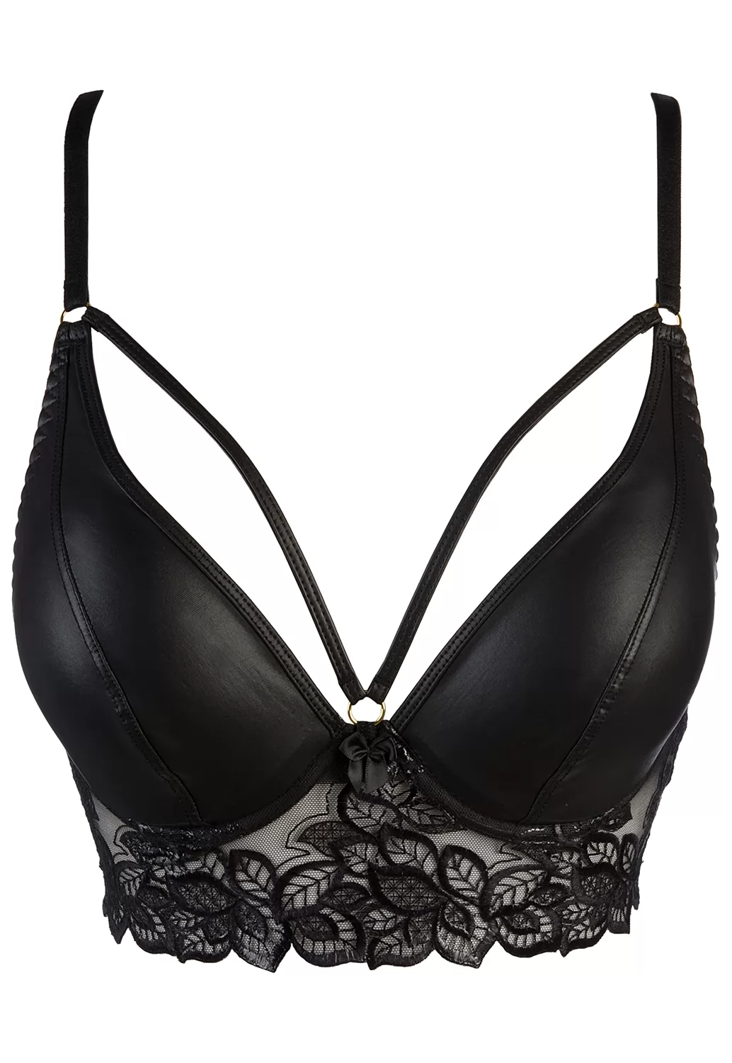 Synthetic leather and embroidered tulle Bra