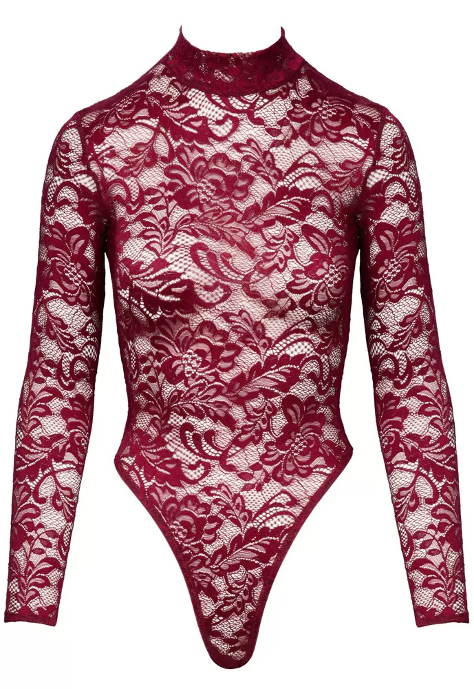 Red lace bodysuit high collar