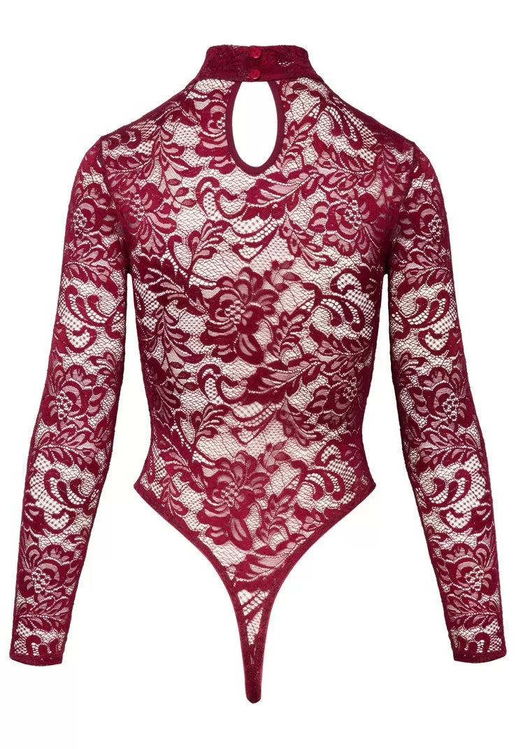 Red lace bodysuit high collar