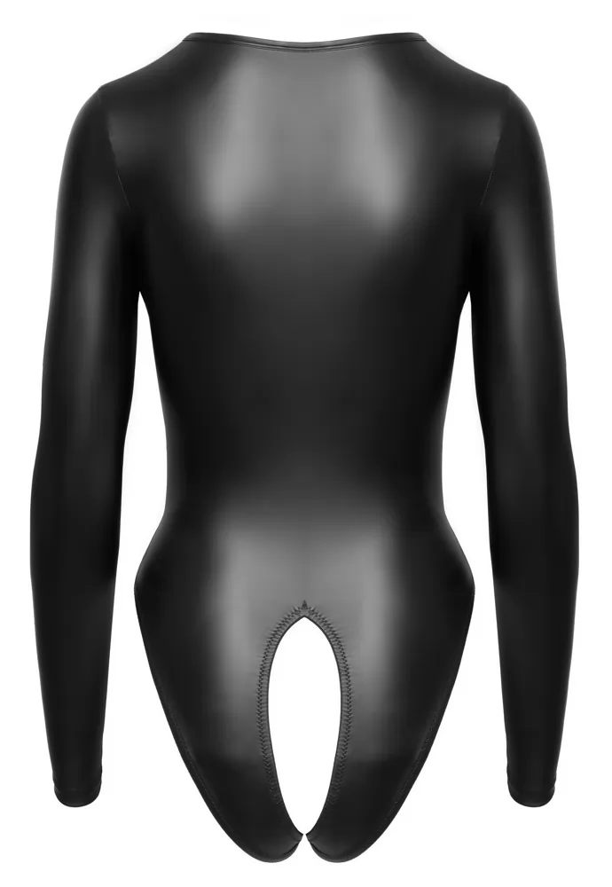 Open bodysuit long sleeves faux leather