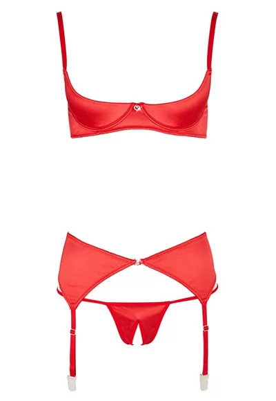 Soutien gorge demi bonnet jarretelles et string rouge