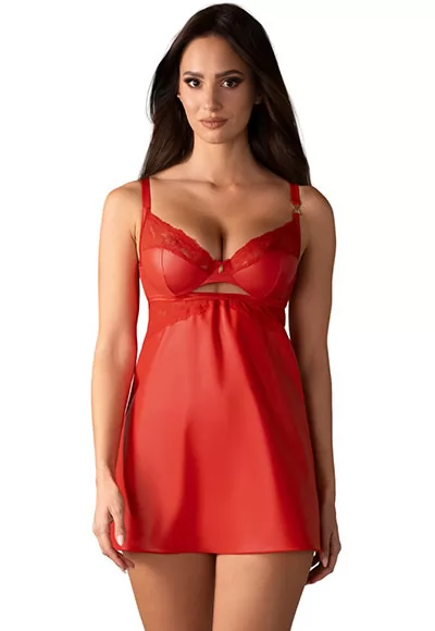 Nuisette sexy rouge satiné Aliosa et string