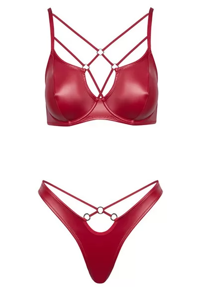 Soutien gorge et string en faux cuir mat rouge