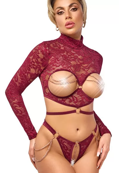 Lingerie top seins nus et string ouvert dentelle rouge