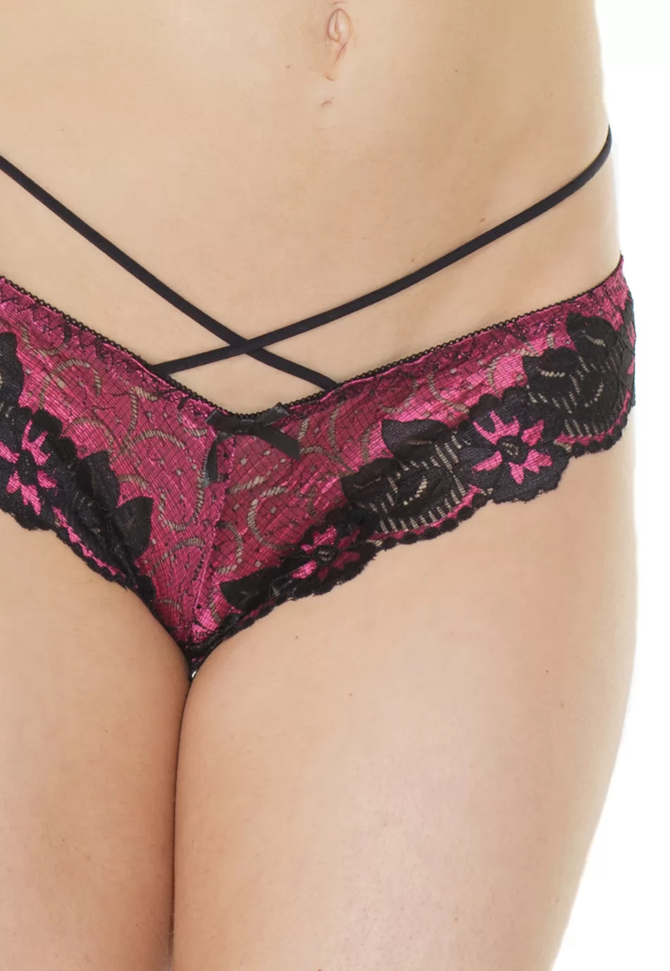 Tanga broderie rose brides croisées