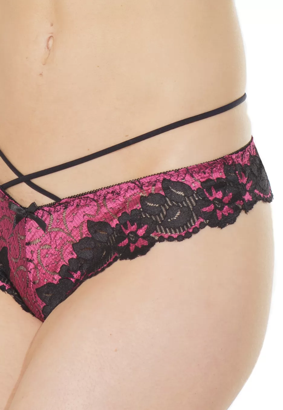 Tanga broderie rose brides croisées